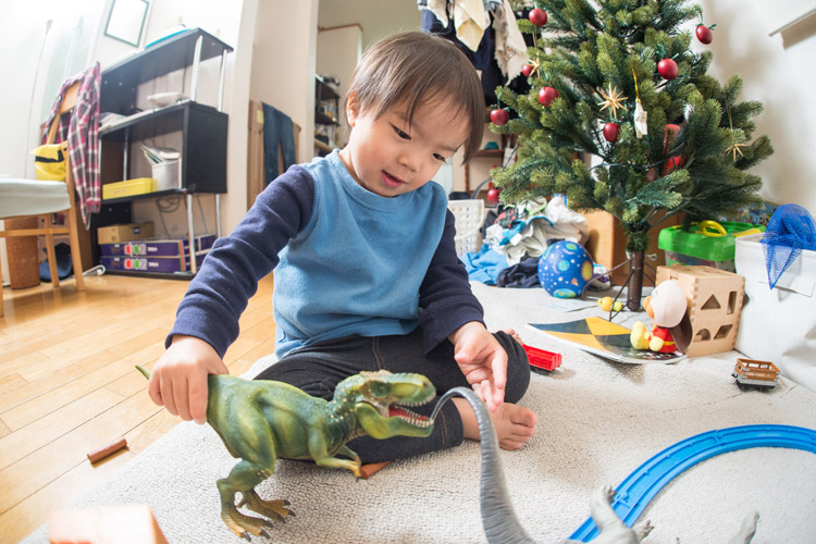 クリスマスプレゼントのティラノサウルスで遊ぶ叶大